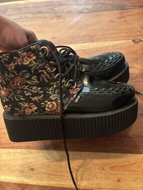 Black Floral Platform Lace-Up Ankle Booties